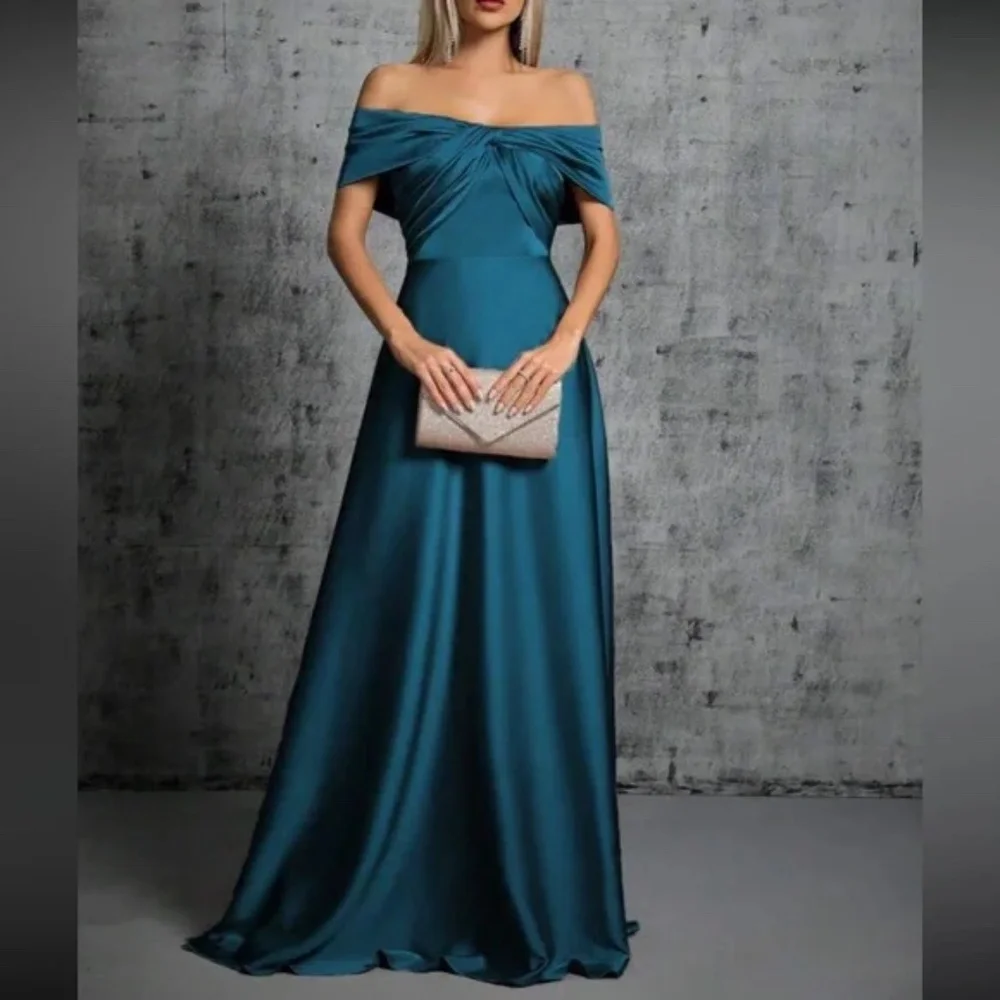 Luxe Satin Off Shoulder Evening Prom Party Formal Wedding Dress - Picture 4 of 16
